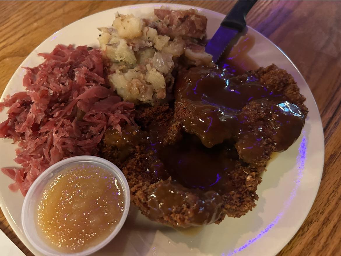 Corned beef with potatoes and gravy served at dinner at Gavin's